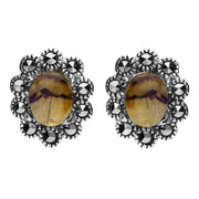 Sterling Silver Blue John Marcasite Oval Beaded Edge Stud Earrings E1637