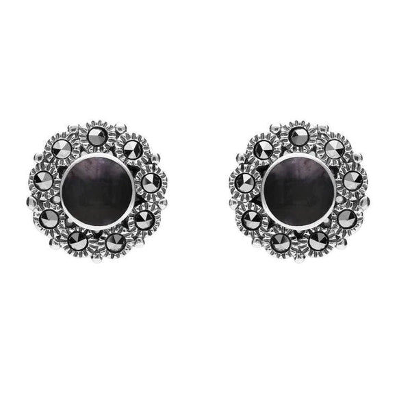 Sterling Silver Blue John Marcasite Round Stud Earrings