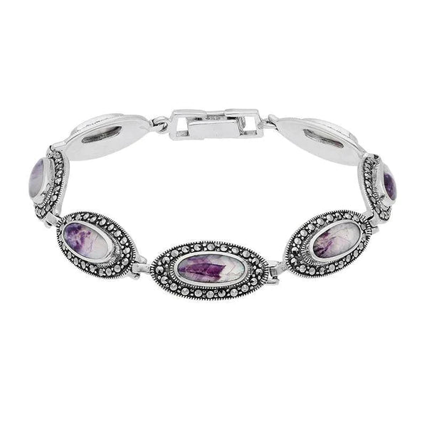 Sterling Silver Blue John Marcasite Slim Oval Link Bracelet. B876.