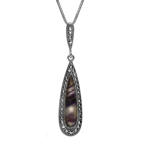 Sterling Silver Blue John Marcasite Slim Pear Drop Necklace. P2978.
