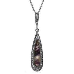 Sterling Silver Blue John Marcasite Slim Pear Drop Necklace. P2978.