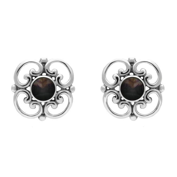 Sterling Silver Blue John Round Scroll Stud Earrings. e013.