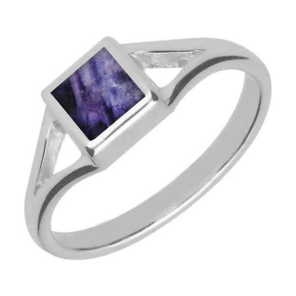 Sterling Silver Blue John Square Split Shoulder Ring. R063.