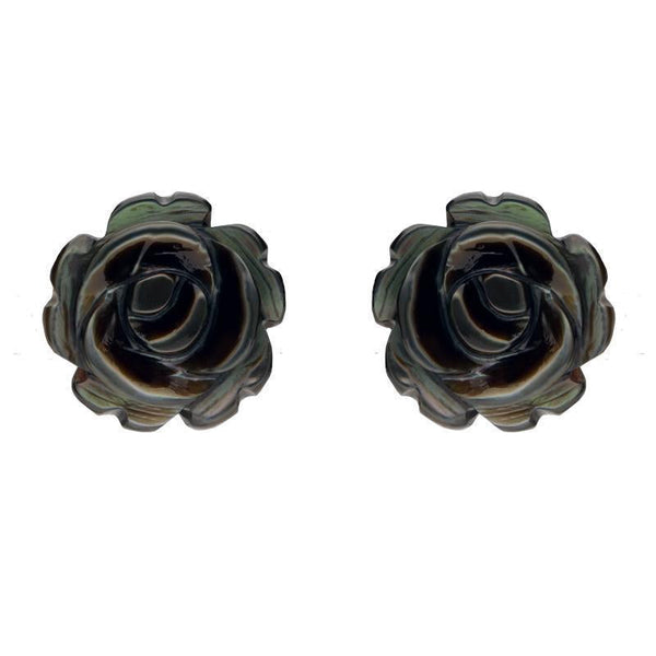 Sterling Silver Dark Mother of Pearl Tuberose Rose Stud Earrings, E2151.