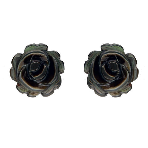 Sterling Silver Dark Mother of Pearl Tuberose Rose Stud Earrings, E2151.