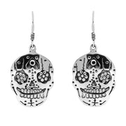 Sterling Silver Day of the Dead Skull Hook Earrings. E2298.