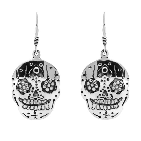 Sterling Silver Day of the Dead Skull Hook Earrings. E2298.