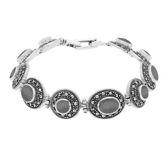 Sterling Silver Hematite Marcasite Oval Link Bracelet B875