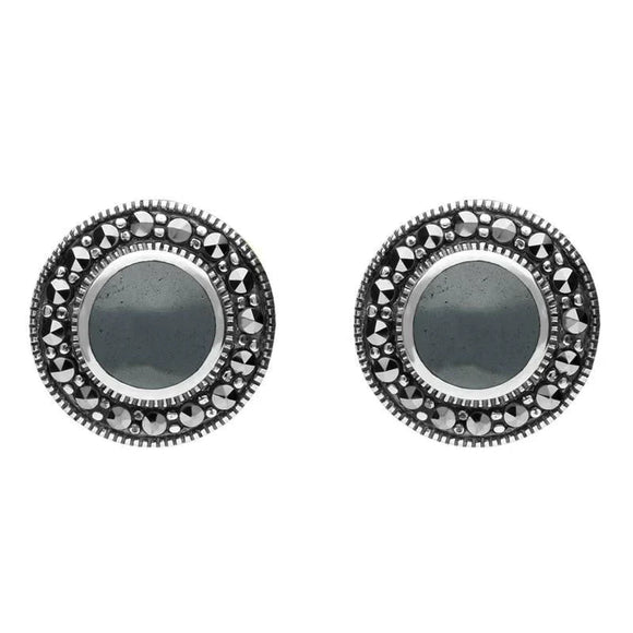 Sterling Silver Hematite Marcasite Round Beaded Edge Stud Earrings E1633