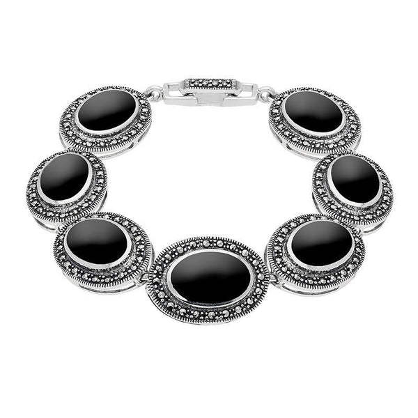 Silver Whitby Jet and Marcasite 7 Oval Link Bracelet. B877.