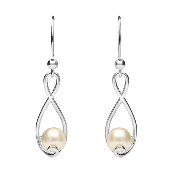 Sterling Silver Pearl Open Twist Drop Earrings. e1890.