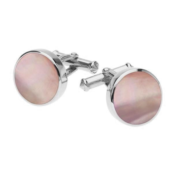 Sterling Silver Pink Mother Of Pearl Round Shape Cufflinks, CL004.