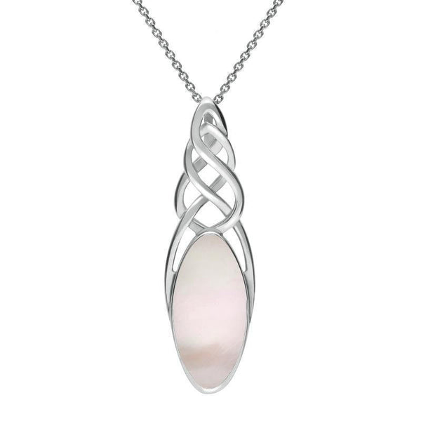 Sterling Silver Pink Mother of Pearl Long Marquise Celtic Necklace, P1391.