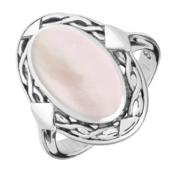    Sterling Silver Pink Mother of Pearl Oval Celtic Ring. R128.