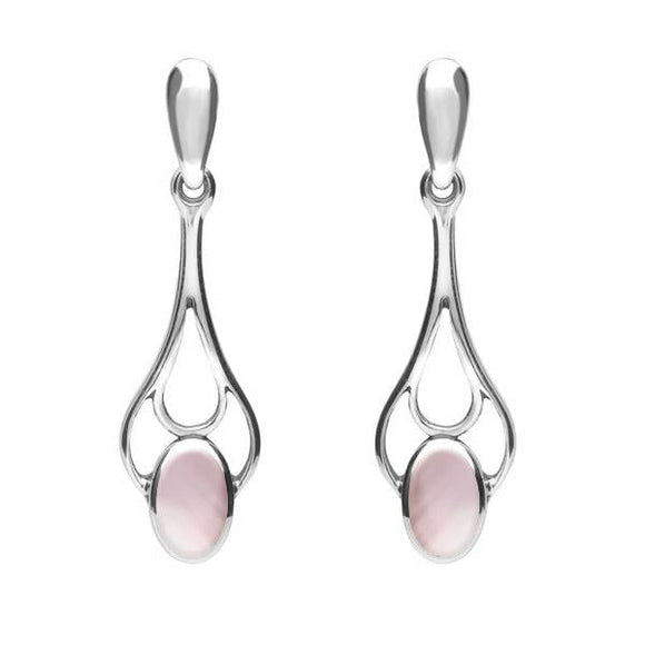 Sterling Silver Pink Mother of Pearl Spoon Drop Earrings. E138.