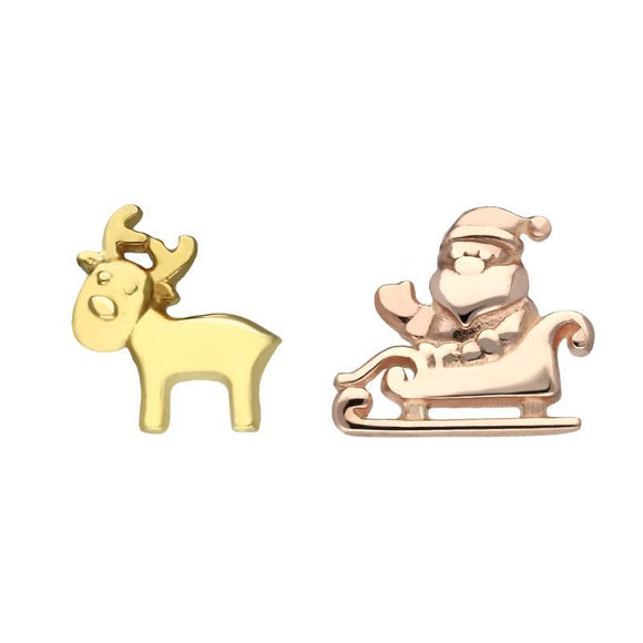 Sterling Silver Rose Yellow Gold Santa Reindeer Stud Earrings E2469