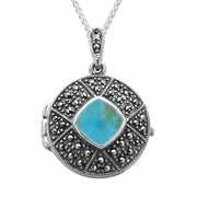 Sterling Silver Turquoise Marcasite Cushion Patterned Locket, P2148.