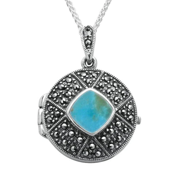 Sterling Silver Turquoise Marcasite Cushion Patterned Locket, P2148.
