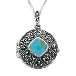 Sterling Silver Turquoise Marcasite Cushion Patterned Locket, P2148.