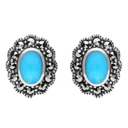 Sterling Silver Turquoise Marcasite Oval Beaded Edge Stud Earrings E1632