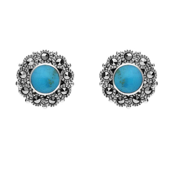 Sterling Silver Turquoise Marcasite Round Stud Earrings E1634