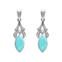 Sterling Silver Turquoise Marquise Drop Earrings. E075.