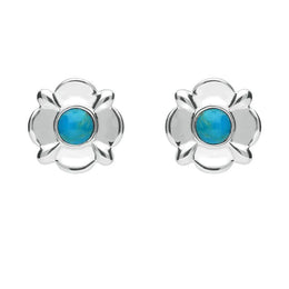 Sterling Silver Turquoise Round Four Petal Flower Stud Earrings E1624