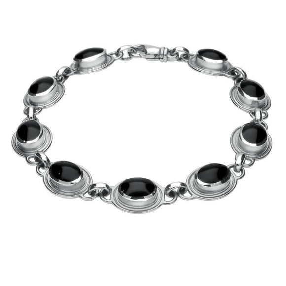 Sterling Silver Whitby Jet 9 Stone Oval Bracelet. B227