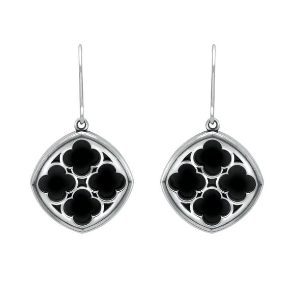 Sterling Silver Whitby Jet Abbey Large Cushion Window Drop Earrings. E2107.