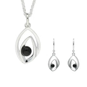 Sterling Silver Whitby Jet Abstract Flame Two Piece Set
