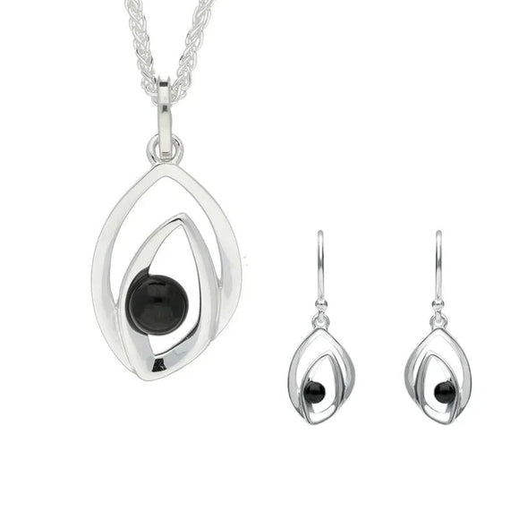 Sterling Silver Whitby Jet Abstract Flame Two Piece Set