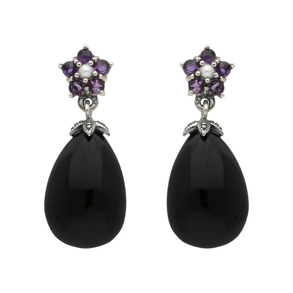 Sterling Silver Whitby Jet Amethyst Pearl Flower Drop Earrings E1701