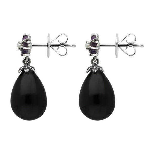 Sterling Silver Whitby Jet Amethyst Pearl Flower Drop Earrings E1701