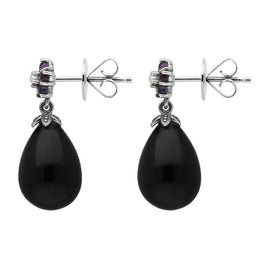 Sterling Silver Whitby Jet Amethyst Pearl Flower Drop Earrings E1701