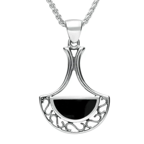 Sterling Silver Whitby Jet Art Deco Fan Necklace. P459.