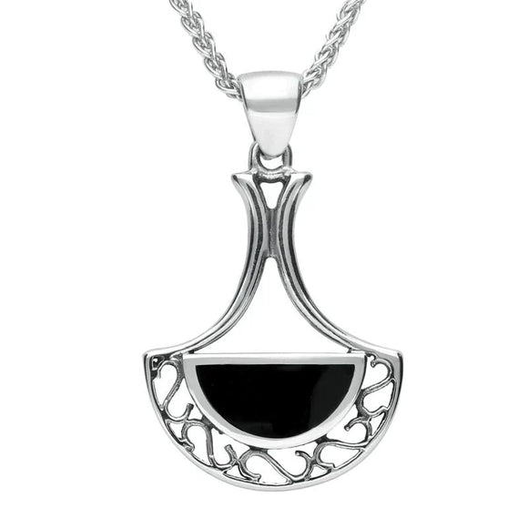 Sterling Silver Whitby Jet Art Deco Fan Necklace. P459.