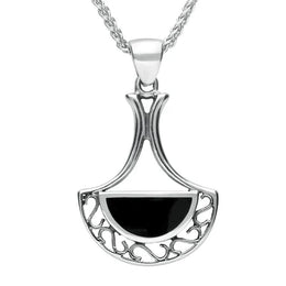 Sterling Silver Whitby Jet Art Deco Fan Necklace. P459.