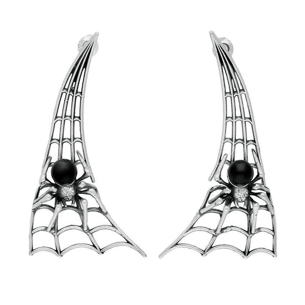 Sterling Silver Whitby Jet Articulated Spider Web Drop Earrings. E2100.