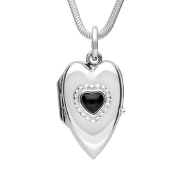 Sterling Silver Whitby Jet Beaded Edge Heart Locket. P2104