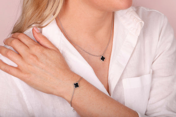 Sterling Silver Whitby Jet Bloom Four Leaf Clover Ball Edge Chain Bracelet