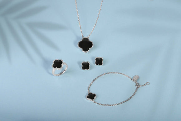 Sterling Silver Whitby Jet Bloom Large Four Leaf Clover Ball Edge Chain Necklet, N1043