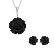 Sterling Silver Whitby Jet Carved Rose Two Piece Set