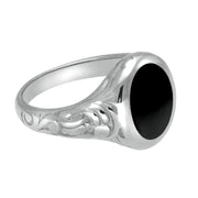 Sterling Silver Whitby Jet Carved Shoulder Oval Signet Ring. R099
