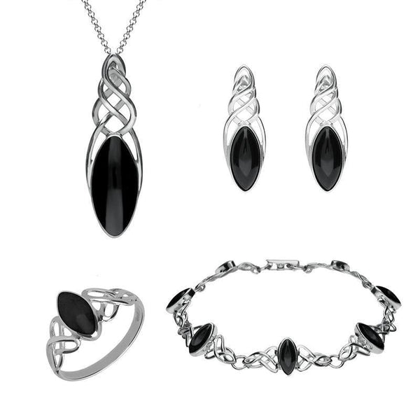 Sterling Silver Whitby Jet Celtic Marquise Piece Set. S012 