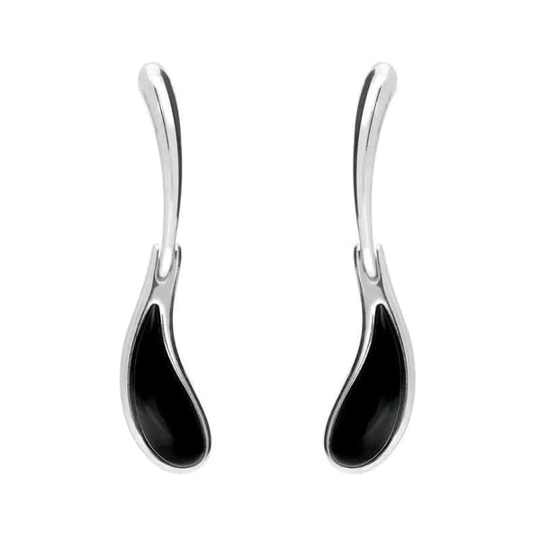 Sterling Silver Whitby Jet Curved Tear Drop Earrings. E1809.