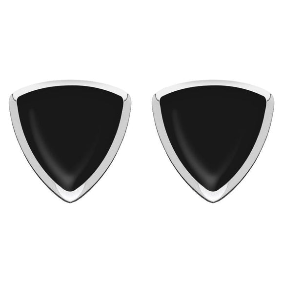 Sterling Silver Whitby Jet Curved Triangle Stud Earrings. E203.