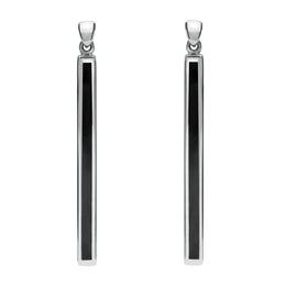 Sterling Silver Whitby Jet Extra Long Slim Drop Earrings. E1070.