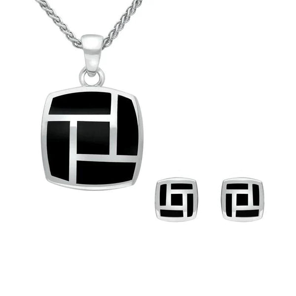 Sterling Silver Whitby Jet Five Stone Tile Two Piece Set S041