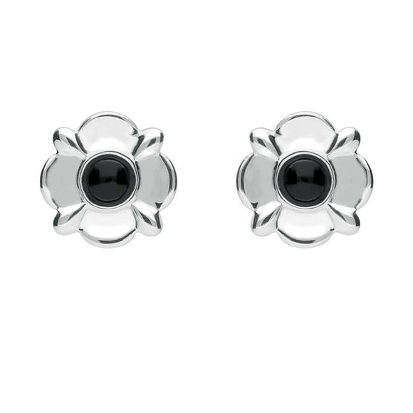 Sterling Silver Whitby Jet Four Petal Flower Stud Earrings E1624