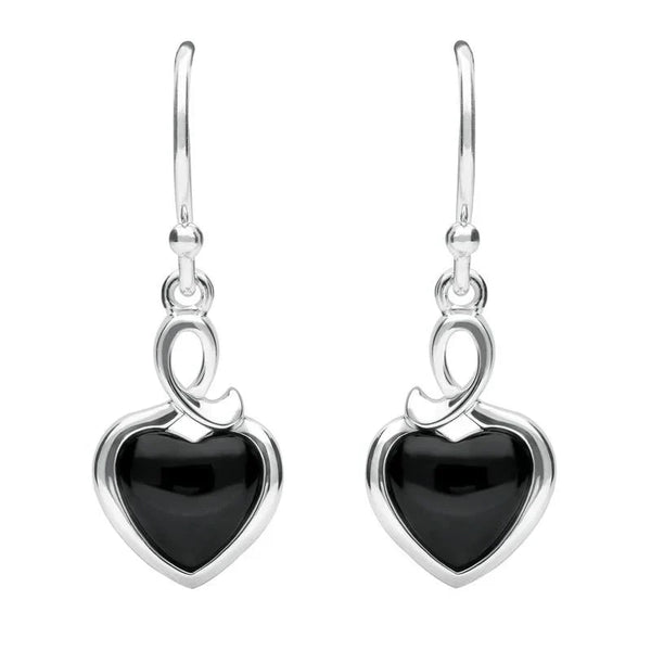 Sterling Silver Whitby Jet Heart Loop Hook Earrings E2311